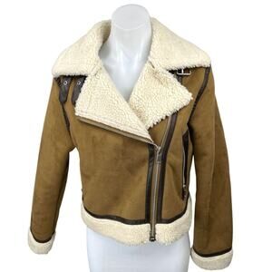 Zara Brown Vegan Faux Suede Leather Sherpa Shearling Zip Up Moto Coat Jacket S